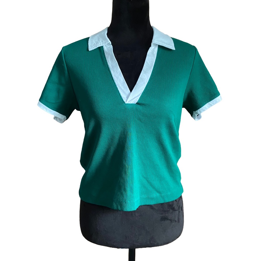 Maeve by Anthropologie Green Polo Collar Shirt | Preppy Contrast Trim XL Tee
